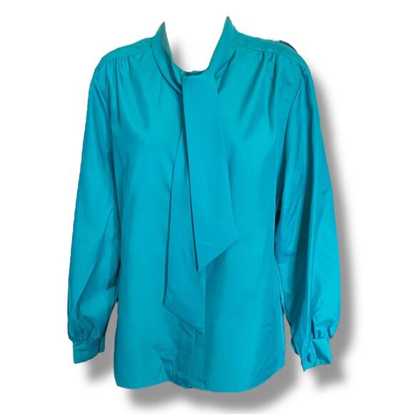Vintage Turquoise Secretary Blouse 80s Long Sleeve Tie Neck Womens Size XL - Picture 3 of 7